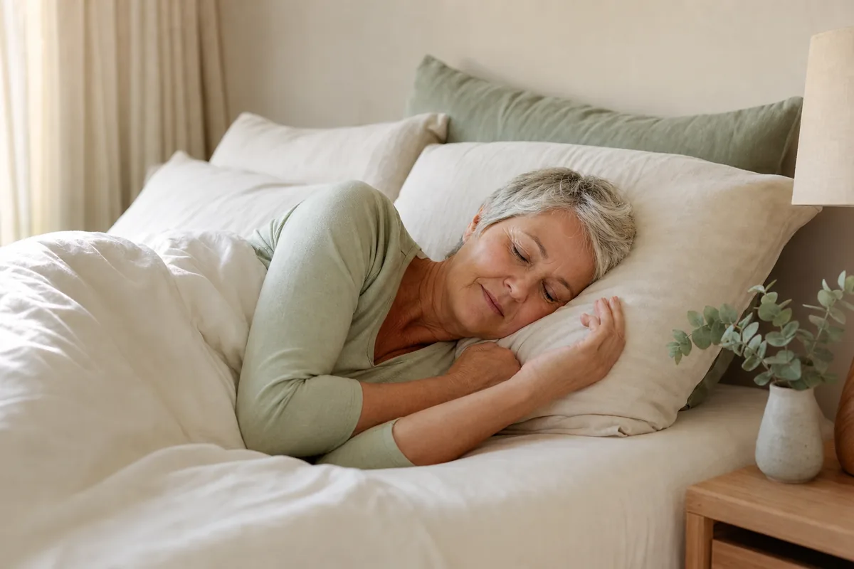 Femme aux cheveux gris endormie sur le côté dans des draps clairs, lumière douce du matin